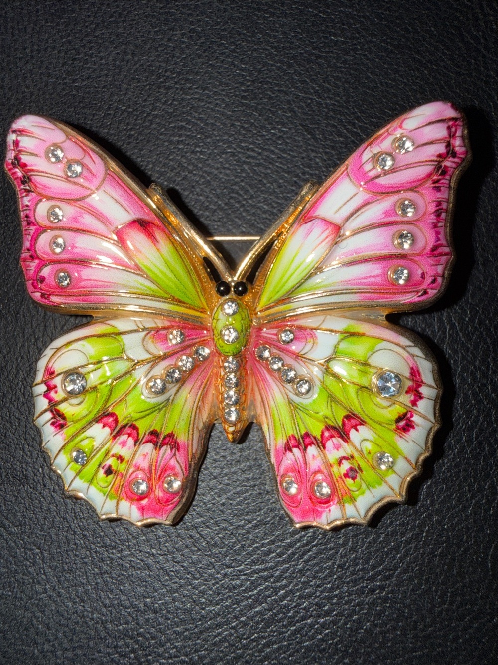 Pink & Green Butterfly Crystal Enamel Brooch